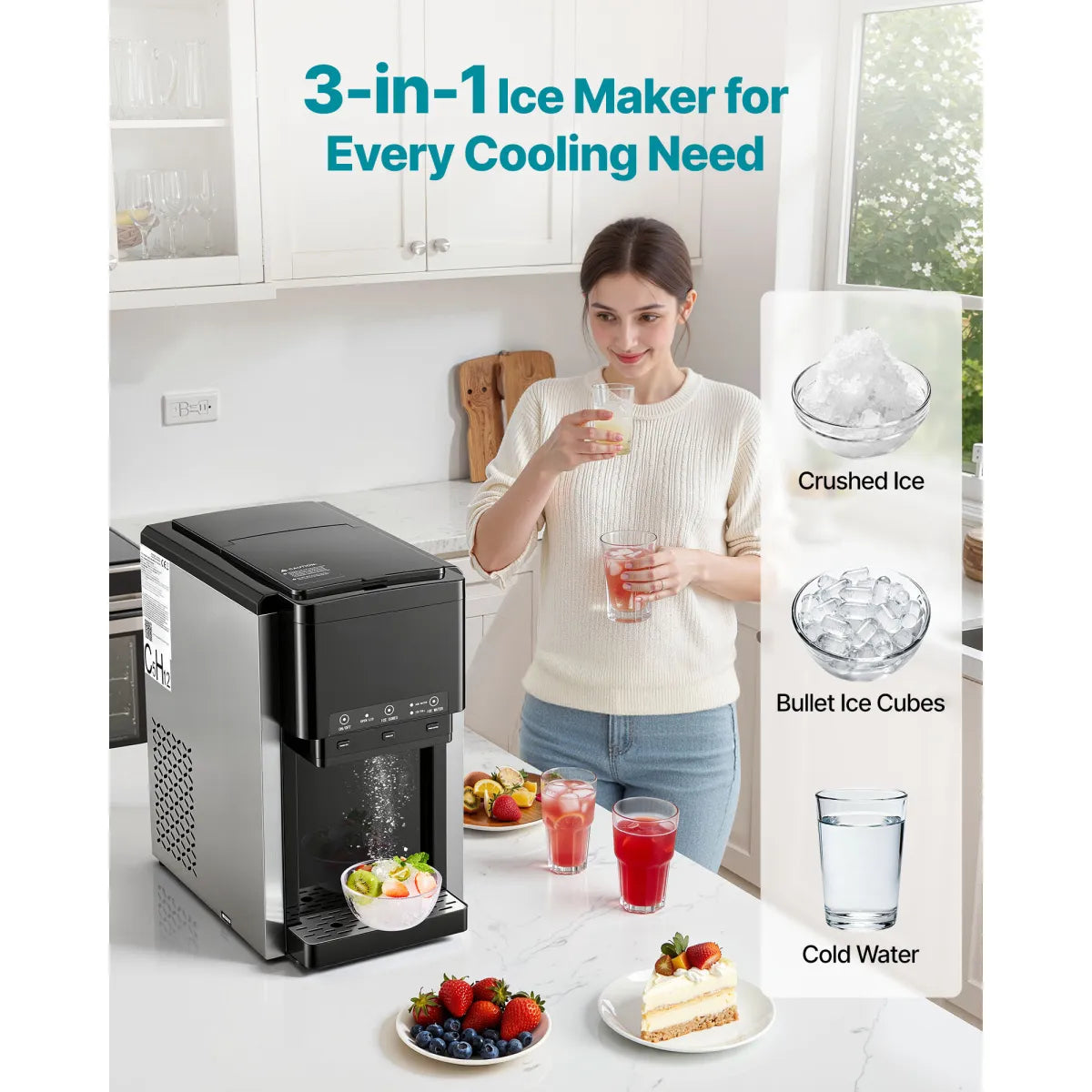 3-in-1 Countertop Water Dispenser with Ice Maker – 35 Lbs per Day