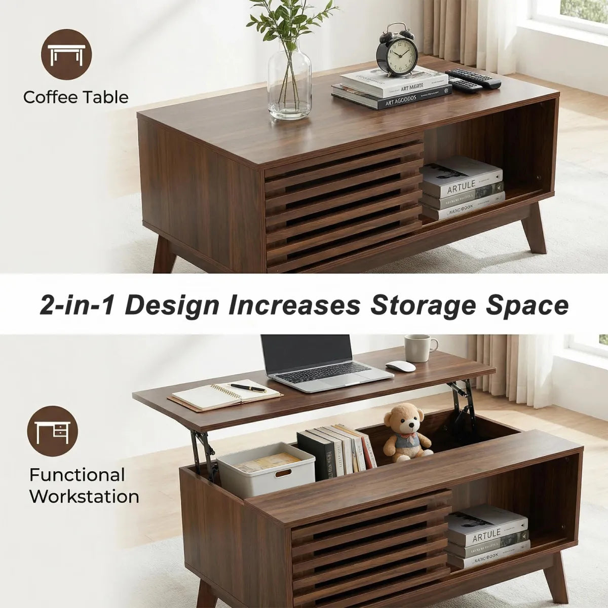 Mid-Century Lift-Top Coffee Table with Storage – Living Room Table