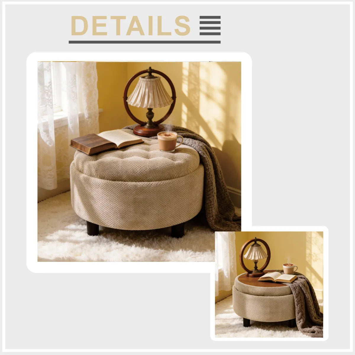25" Round Storage Ottoman – Wooden Top Coffee Table & Footstool, Camel Fabric – view 4