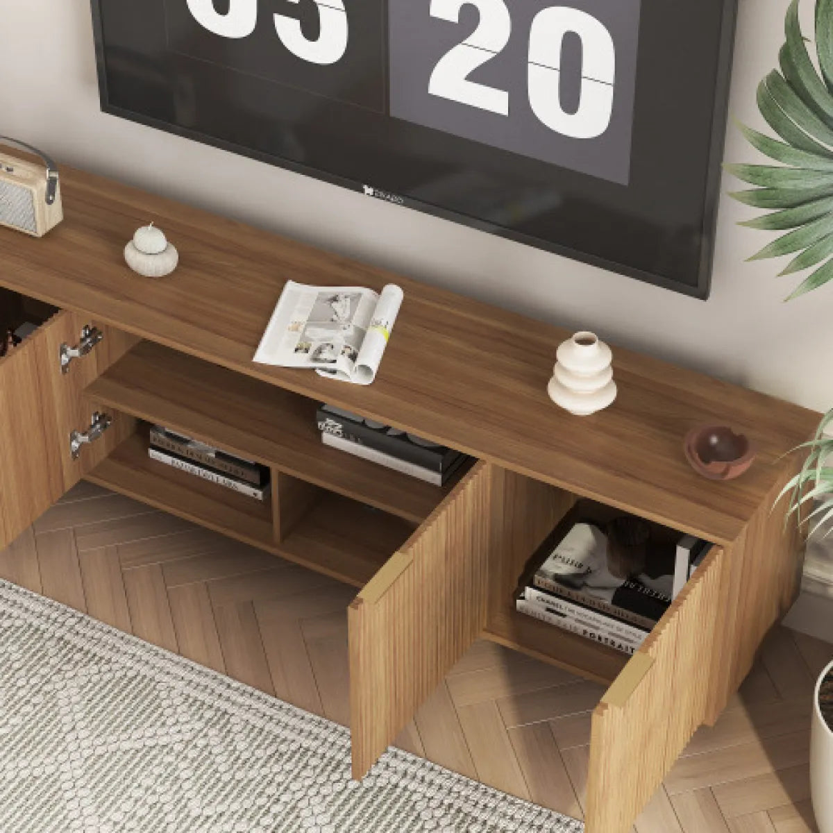 68" Fluted Wood TV Stand – Entertainment Center with Storage Doors, Wood Grain – view 4