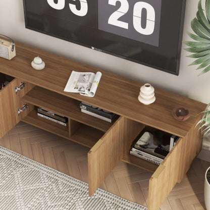 68" Fluted Wood TV Stand – Entertainment Center with Storage Doors, Wood Grain – view 4