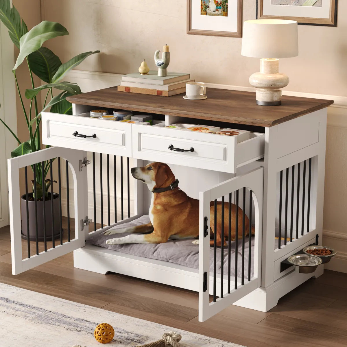 Farmhouse Dog Crate Furniture with Storage Drawers, White Brown