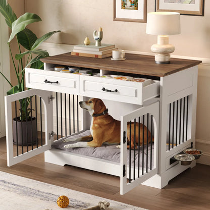 Farmhouse Dog Crate Furniture with Storage Drawers, White Brown