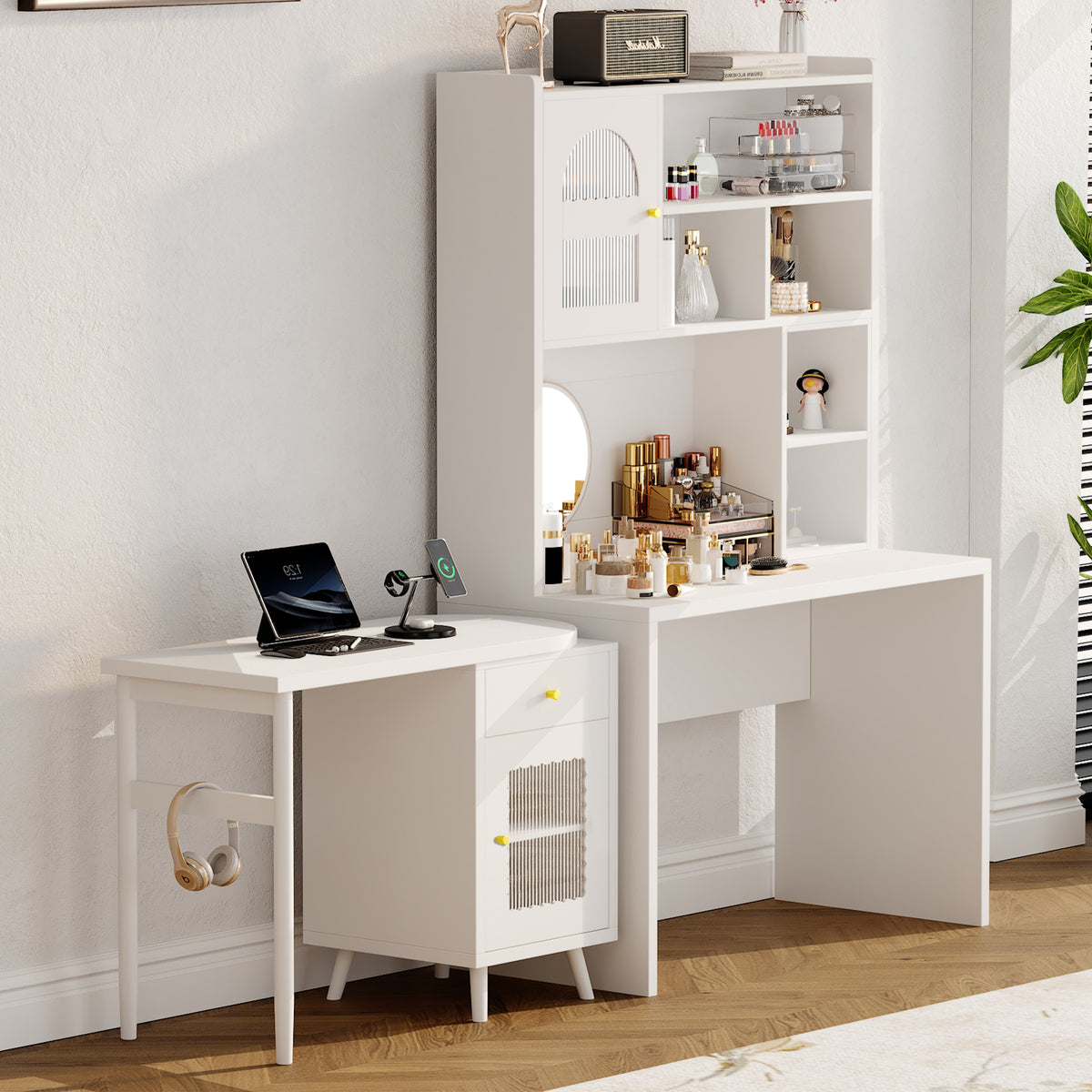 Rotating desktop computer desk with storage, white