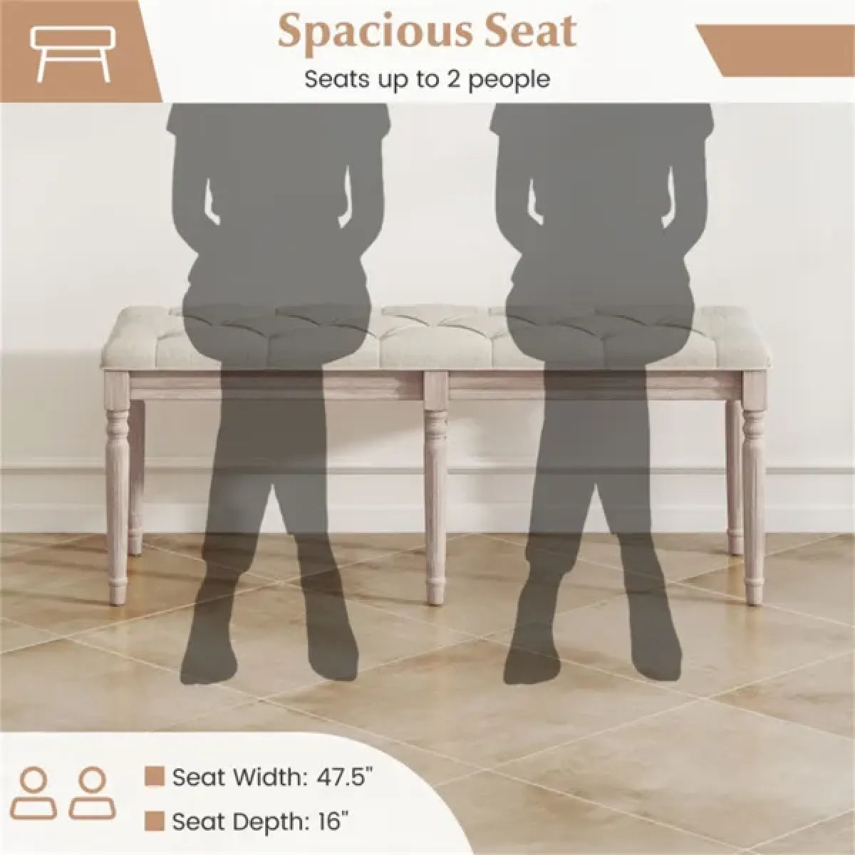 Upholstered Button-Tufted Bench, Beige
