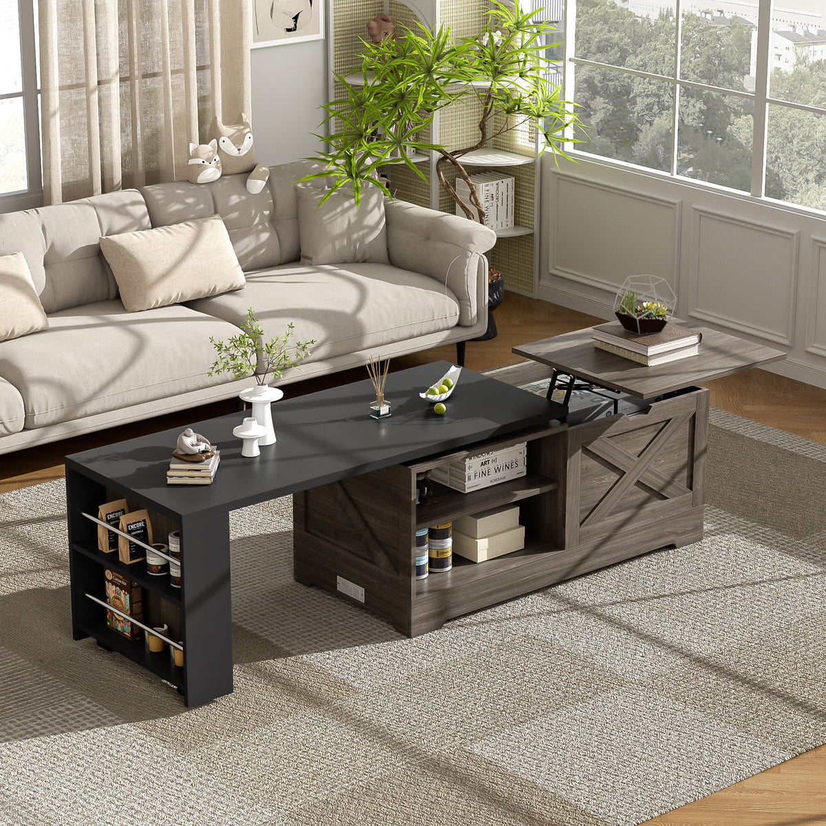 Farmhouse Lift-Top Coffee Table with Barn Doors, Brown/Black – alternate view 3