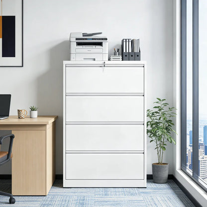 4-Drawer Lateral Metal File Cabinet with Lock, White, Heavy Duty