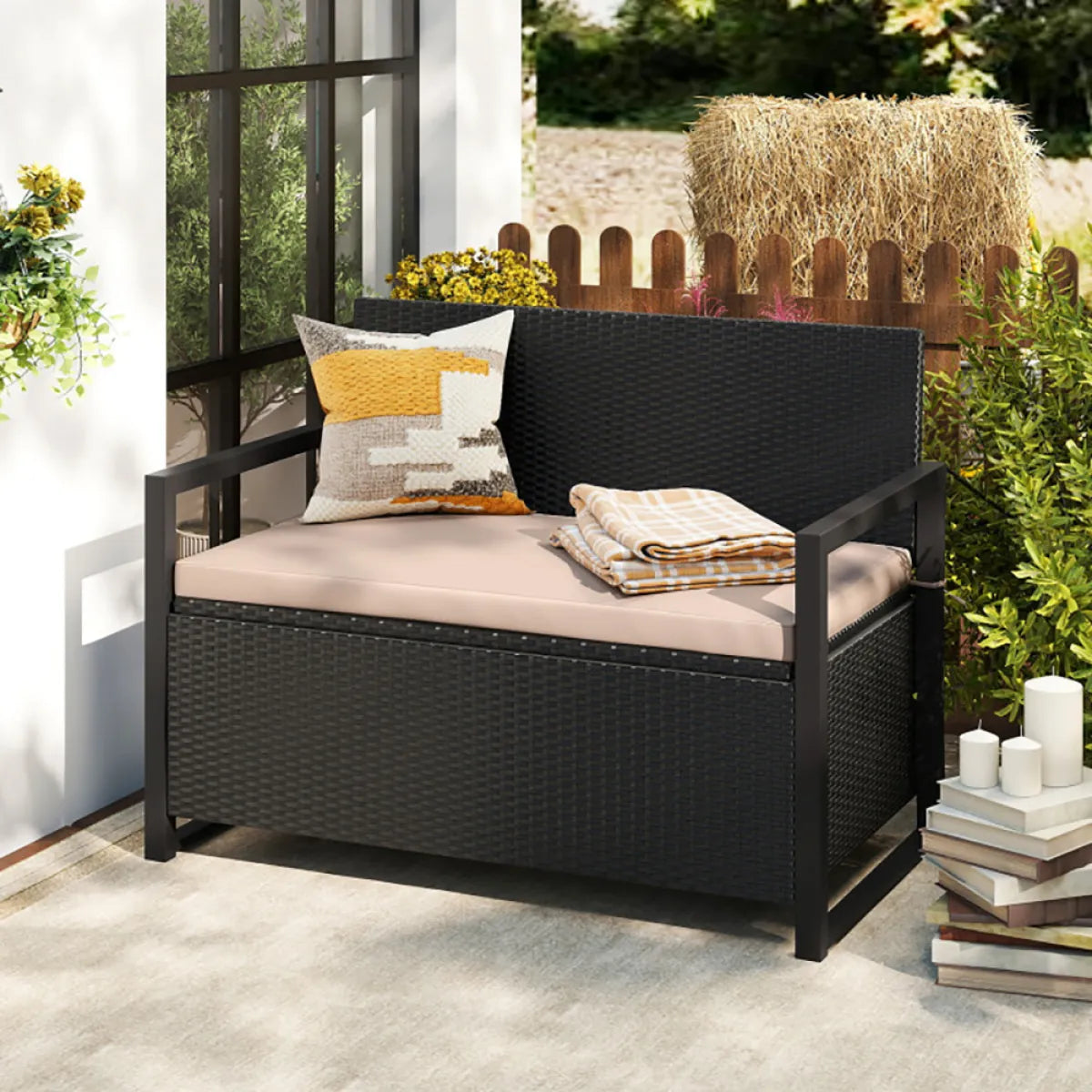 Outdoor Wicker Storage Bench Loveseat with Built-In Storage and Cushion, Brown
