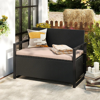 Outdoor Wicker Storage Bench Loveseat with Built-In Storage and Cushion, Brown