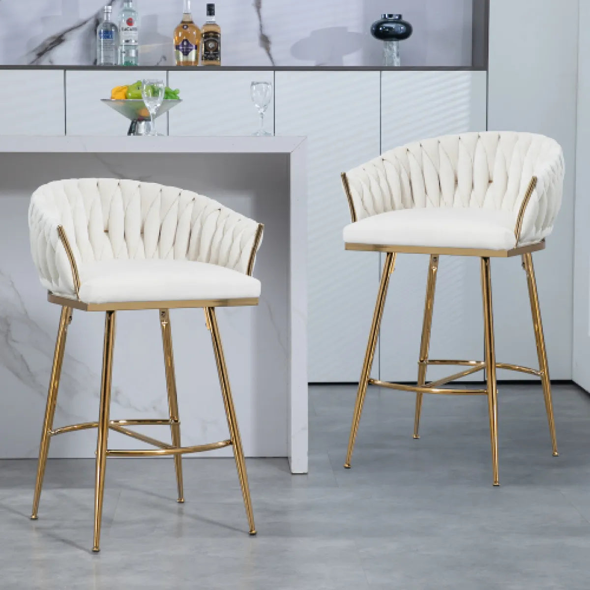 Velvet Wave-Back Counter Height Bar Stool with Gold Base, Beige