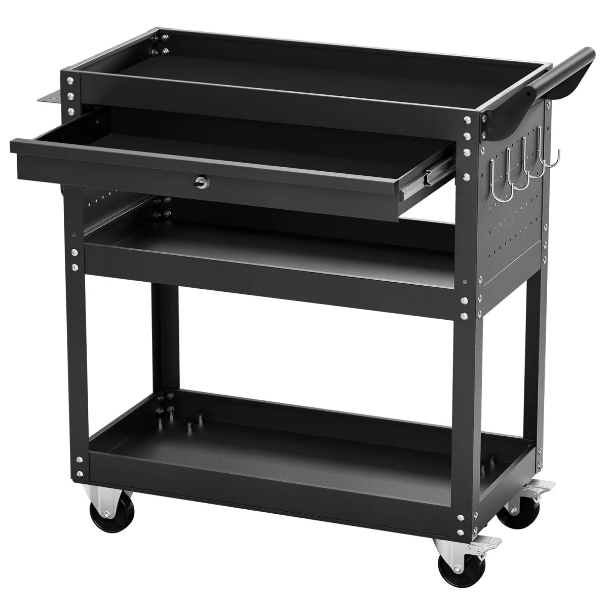 4-Tier Rolling Tool Cart with Drawer and Pegboard, Black