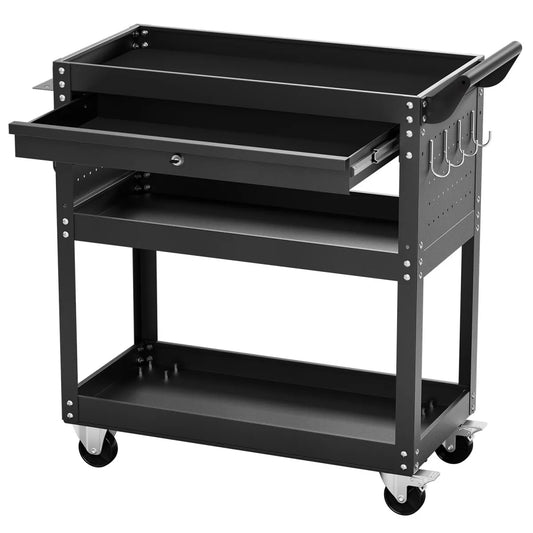4-Tier Rolling Tool Cart with Drawer and Pegboard, Black