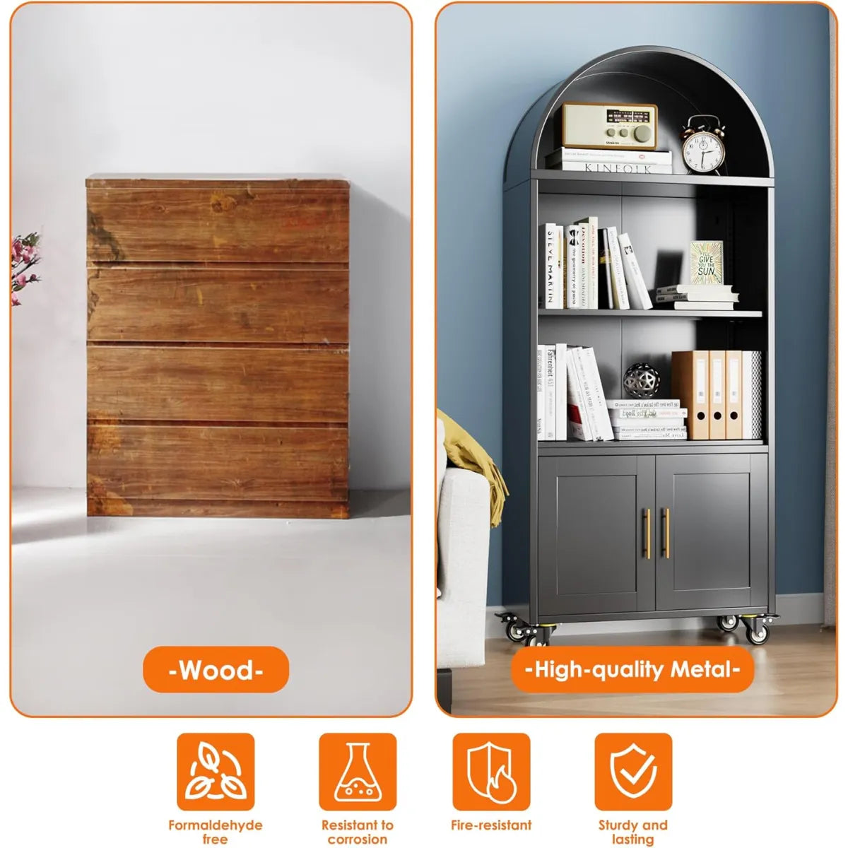 Metal Arched Bookcase with Wheels, Black – Freestanding Storage Cabinet