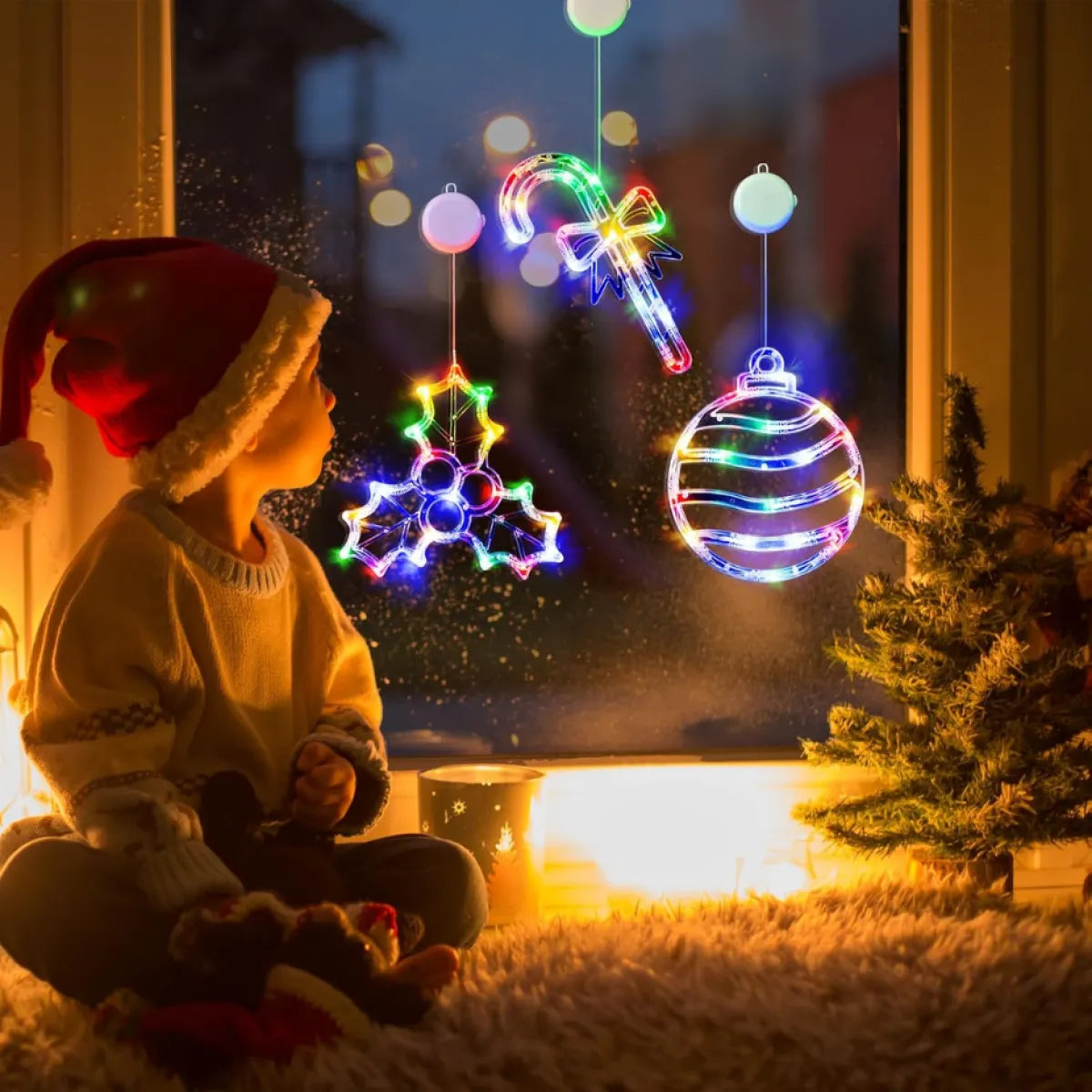 3 Pack Multicolor Christmas Window Lights, Ball, Holly and Candy Cane