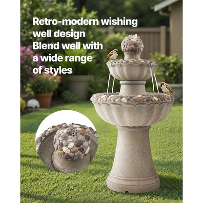 2-Tier Rock Base Outdoor Water Fountain with Cascading Bowls
