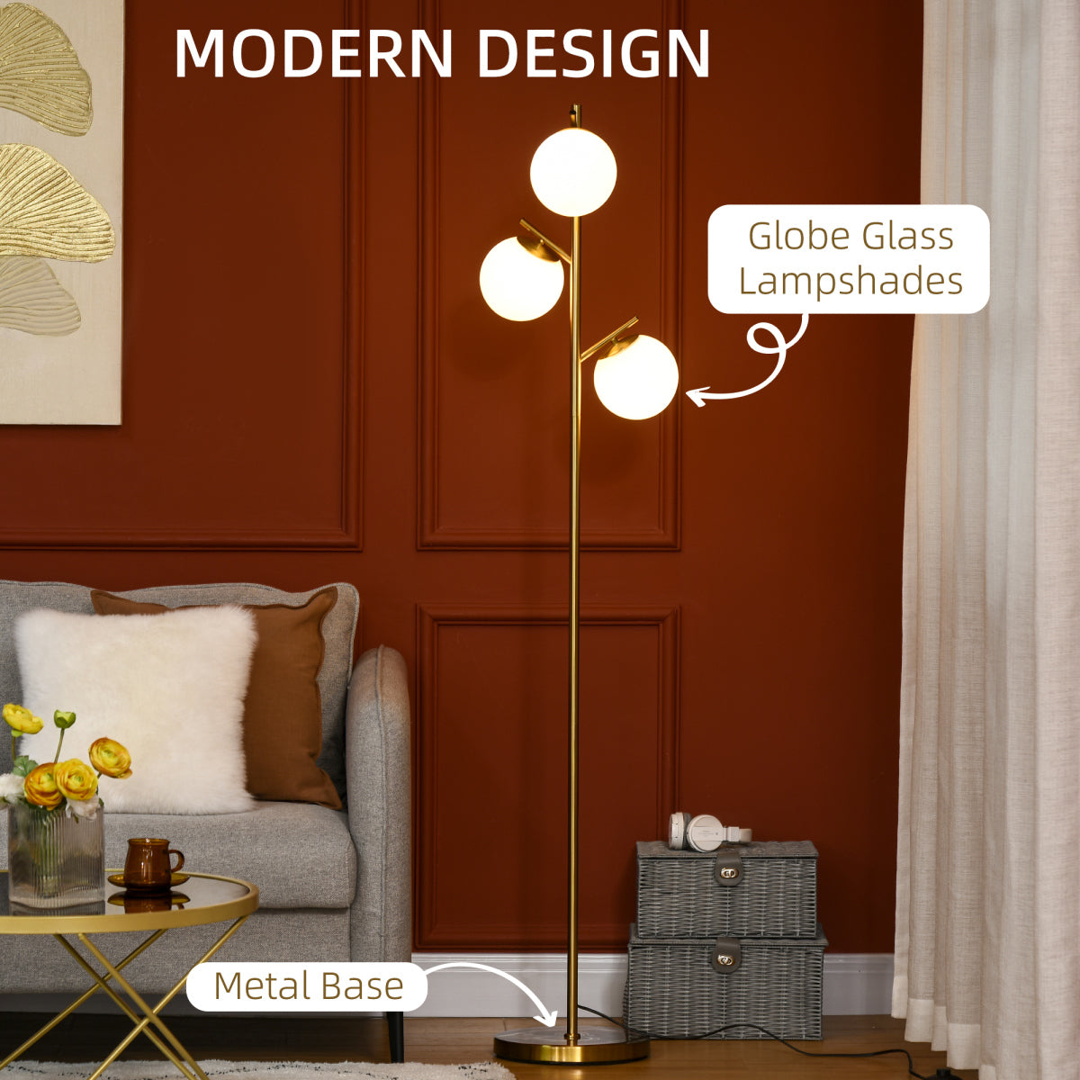 3-Light Tree Floor Lamp - globe shade detail