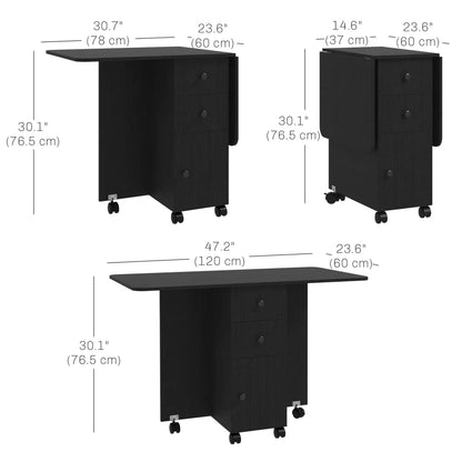 Drop Leaf Dining Table on Wheels with Drawers and Storage Cabinet, Black