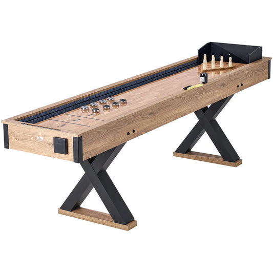 Shuffleboard and Bowling 2-in-1 Combo Game Table, Wood Grain Finish with X-Shaped Legs