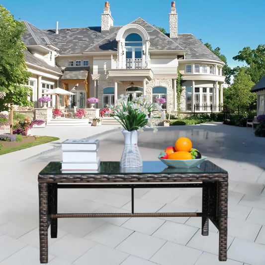 Outdoor Wicker Coffee Table with Clear Tempered Glass Top