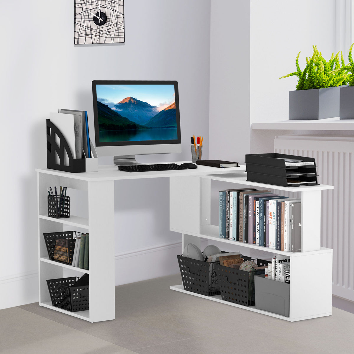 L-shaped rotating corner desk with bookcase
