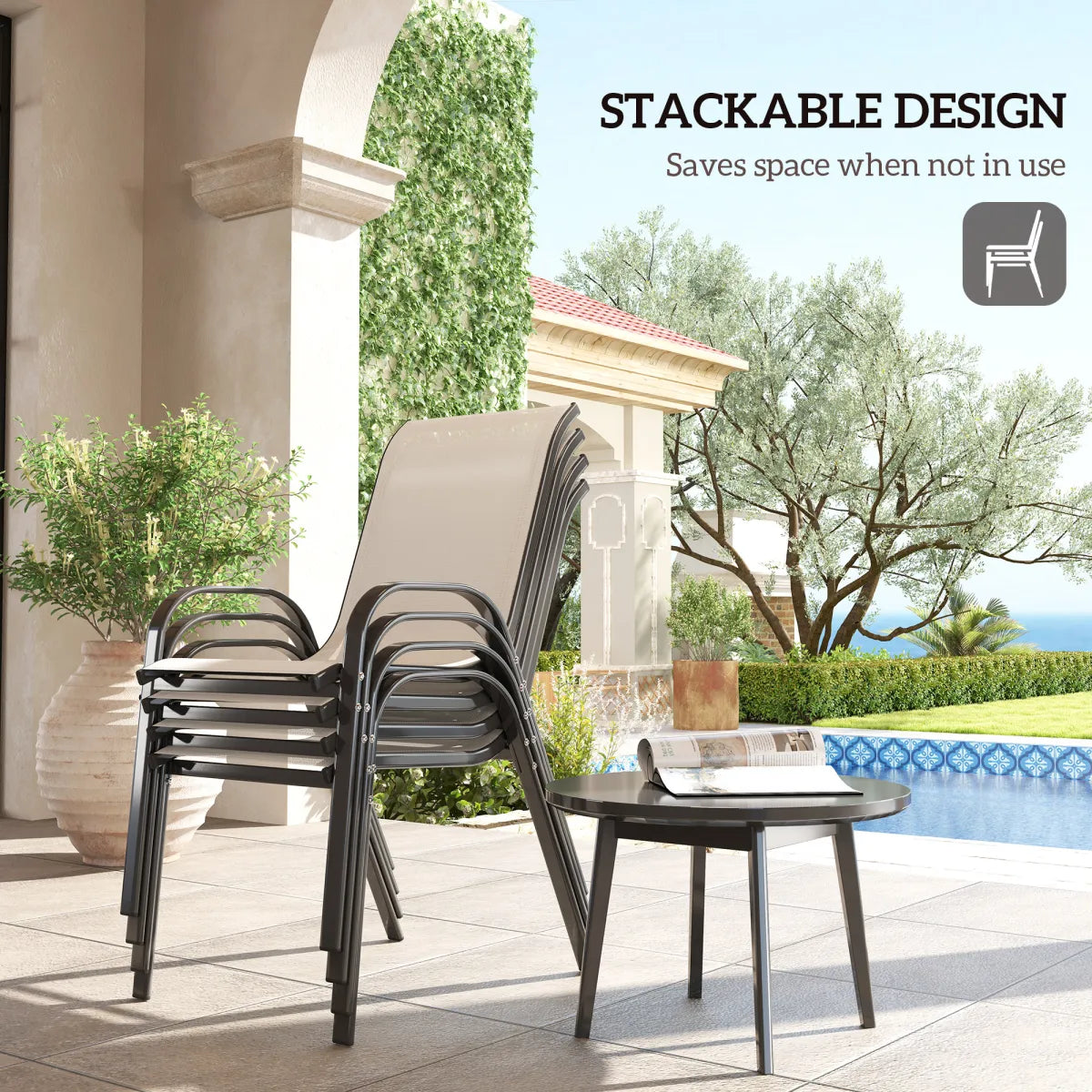 Set of 4 Stackable Outdoor Dining Chairs with High Back and Breathable Mesh Seat, Beige
