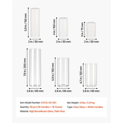 Pillar Candles and Glass Vases Set, 36 Pcs – Wedding and Home Centerpiece Decor