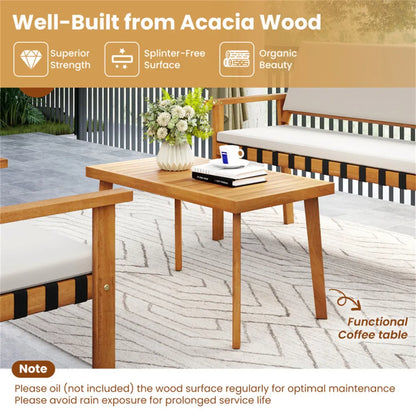 4-Piece Acacia Wood Patio Conversation Set with Cushions, Loveseat, Armchairs and Coffee Table