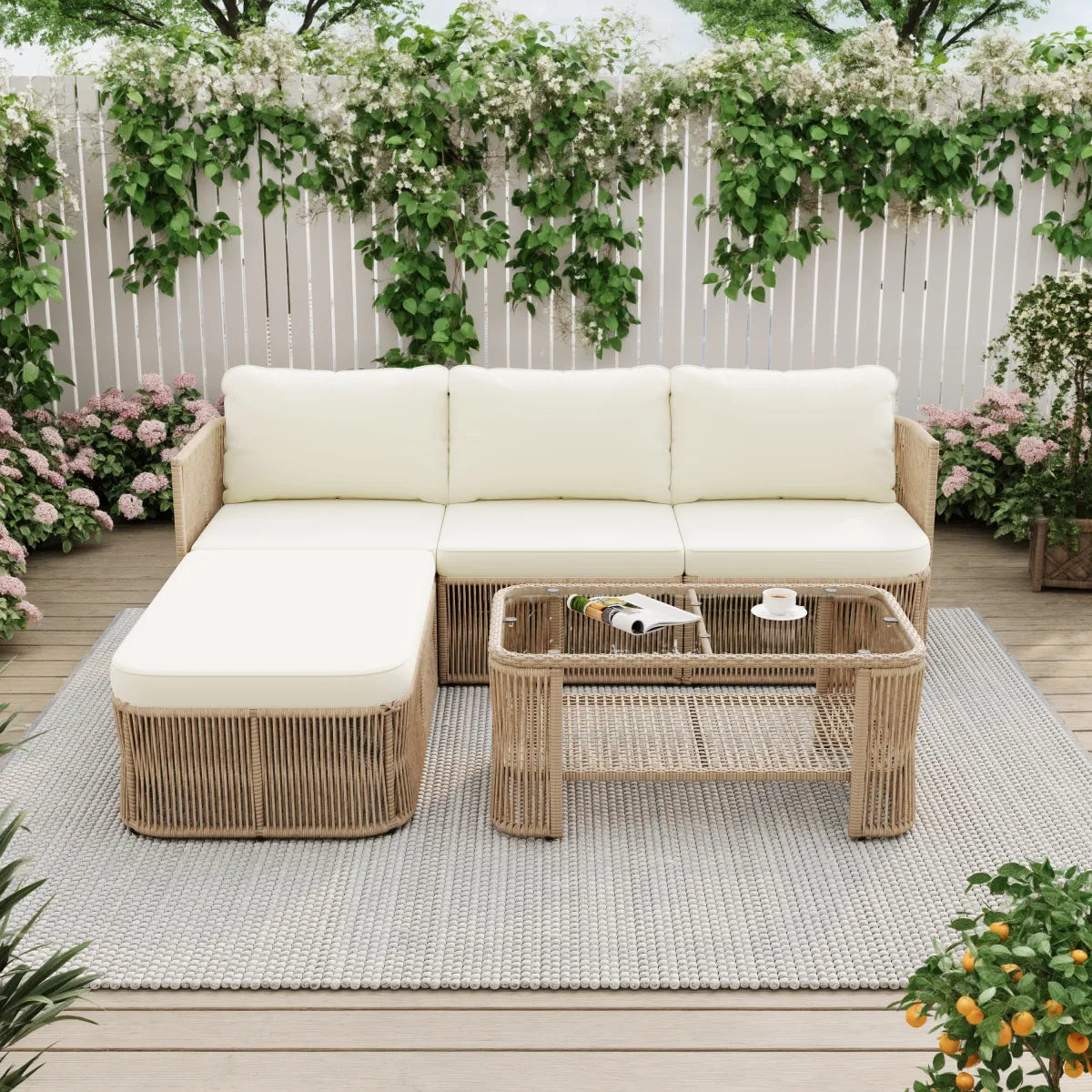 Boho Woven Rattan Outdoor Sectional with Glass Top Coffee Table, Beige Cushions