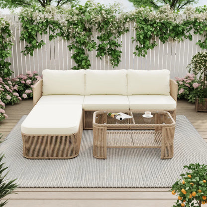 Boho Woven Rattan Outdoor Sectional with Glass Top Coffee Table, Beige Cushions