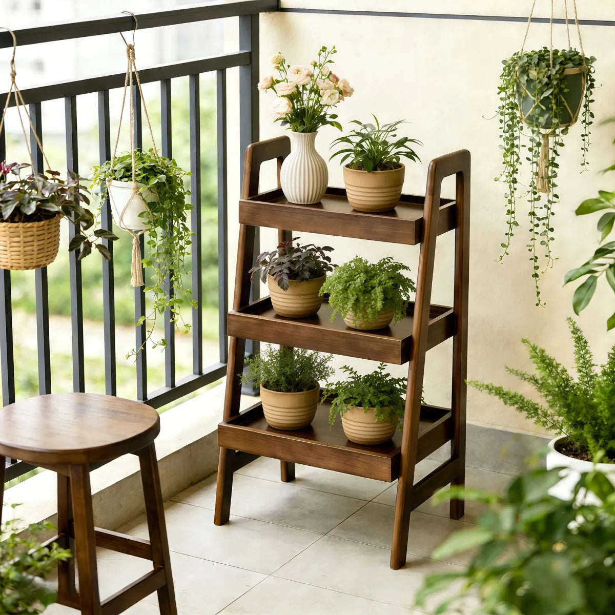 3-Tier Solid Wood Ladder Shelf – Freestanding Bookshelf & Side Table, Walnut – view 3