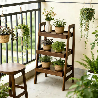 3-Tier Solid Wood Ladder Shelf – Freestanding Bookshelf & Side Table, Walnut – view 3