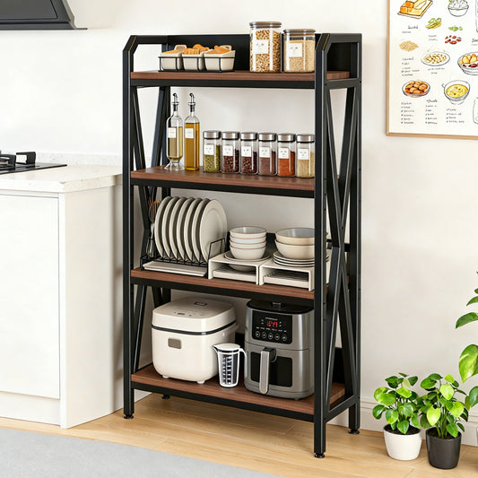 56" 4-Tier Bakers Rack – Metal & Wood, Kitchen Storage Shelving