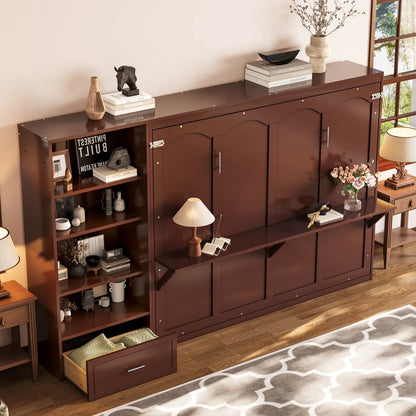 Queen Murphy Wall Bed with Adjustable Side Shelves and Drawer, Walnut