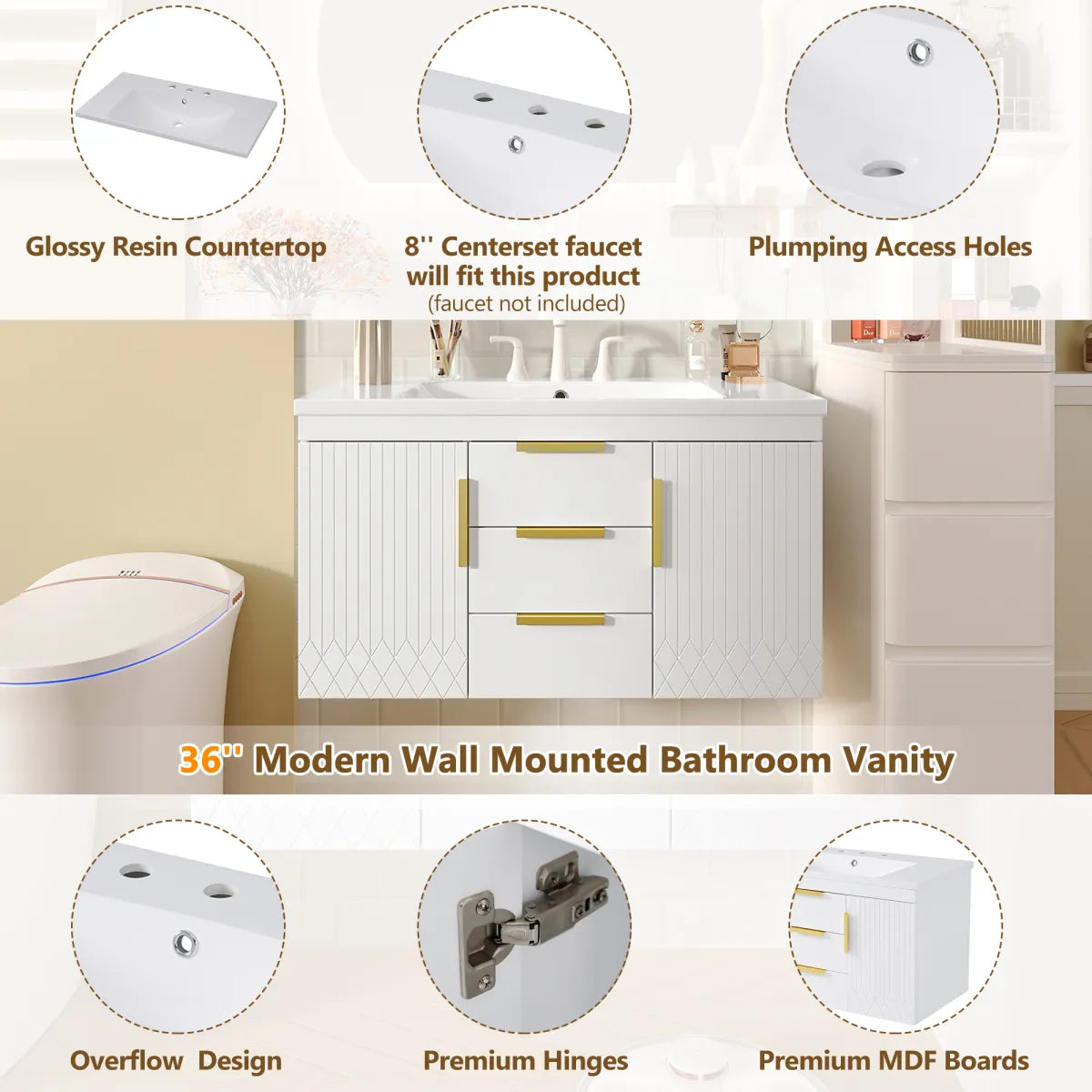 Wall-Mounted Floating Bathroom Vanity Cabinet, White