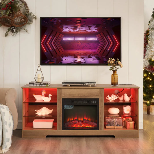 58" Electric Fireplace TV Stand with LED Lights & Glass Shelves