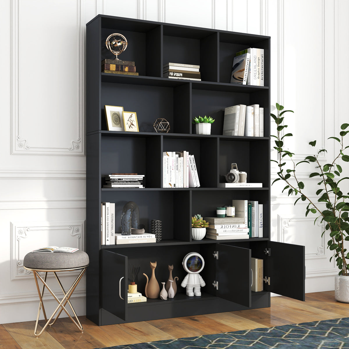 70.87 inch cube bookshelf with cabinet, black
