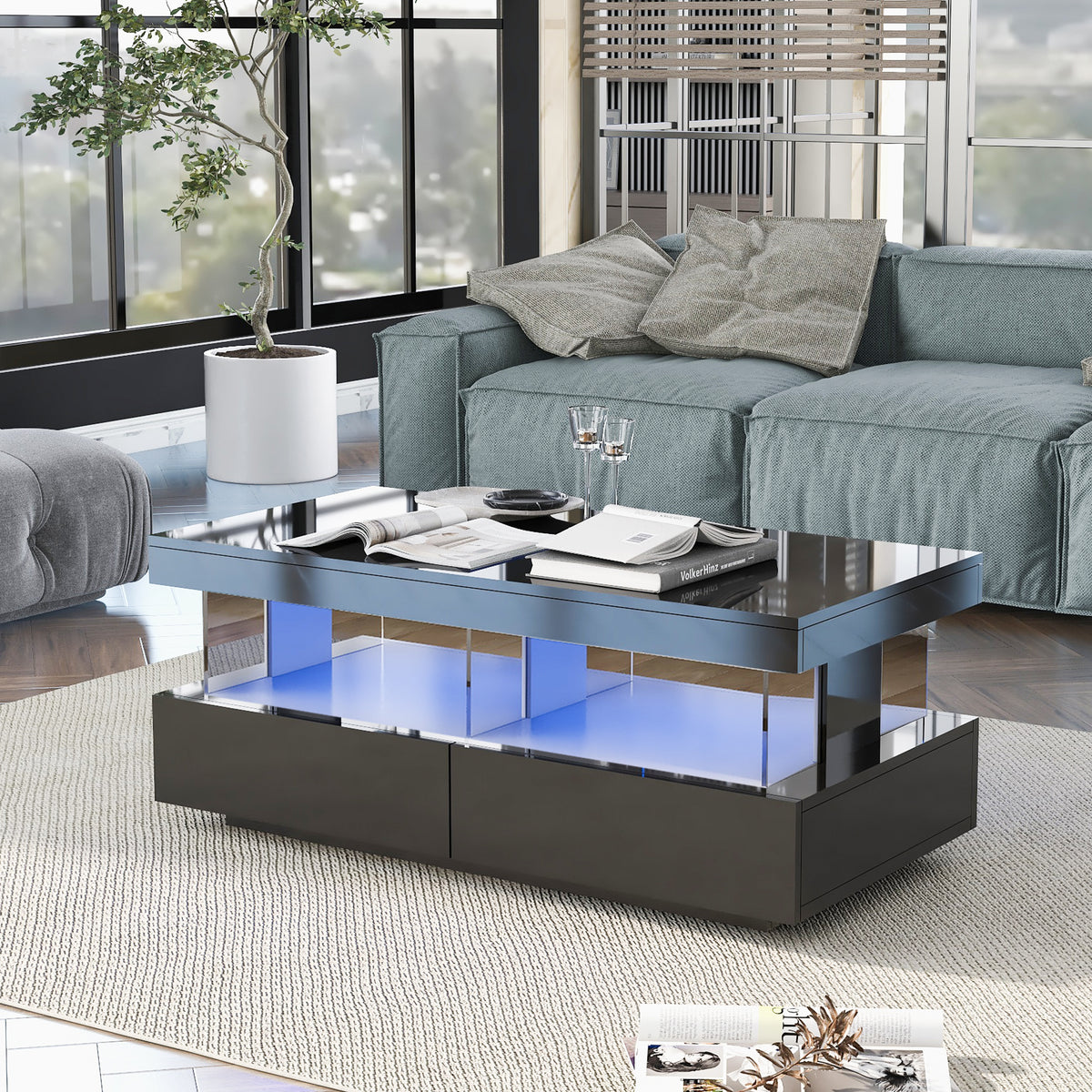 High-gloss LED coffee table with drawers, black
