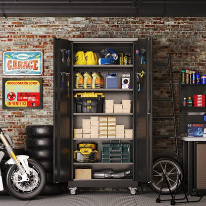 Lockable metal storage cabinet with pegboard, black