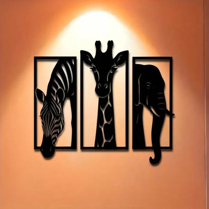 3-Piece Metal African Animal Wall Art Set, Zebra, Giraffe and Elephant Home Decor
