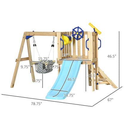 Wooden Toddler Swing Set with Slide and Play Fort, Natural