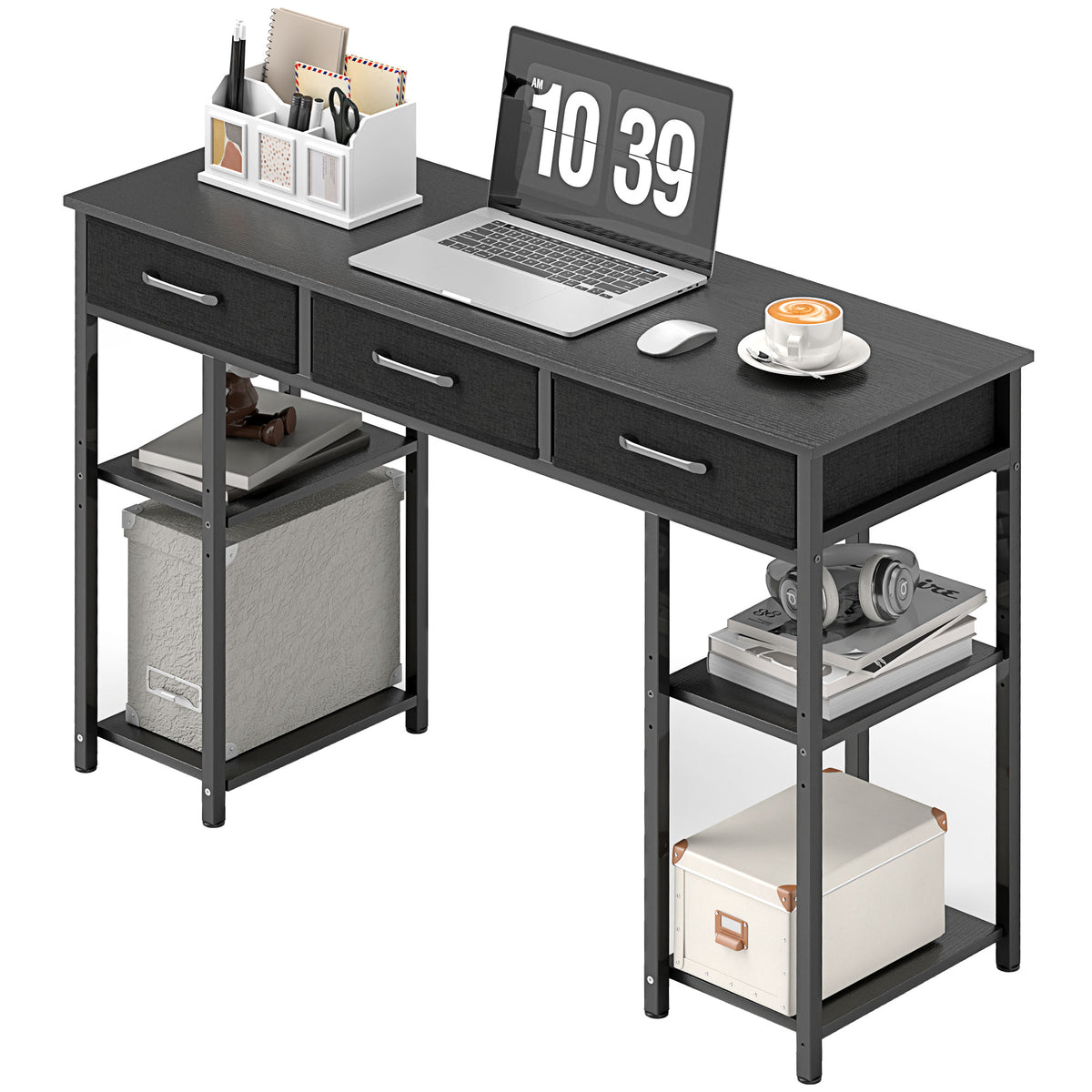 Compact computer desk with fabric drawers