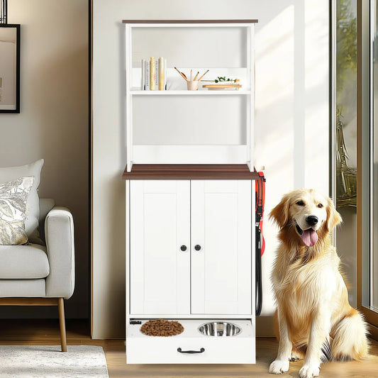 Pet Feeding Station with Bowls and Storage, Dark Brown White