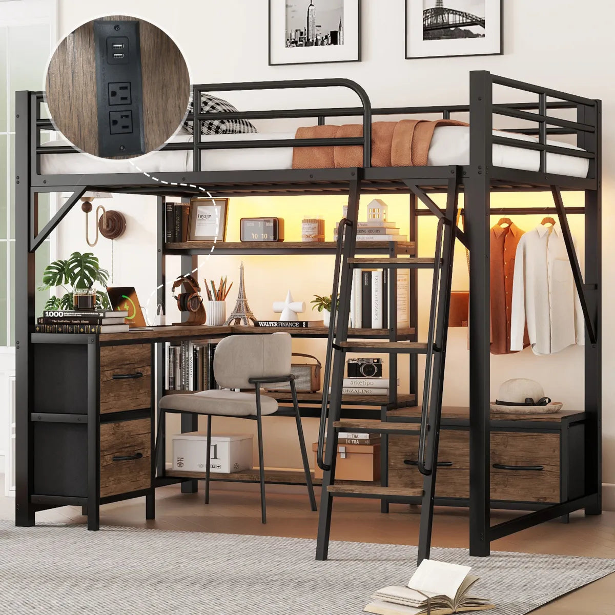Full Size Metal Loft Bed with Desk, Wardrobe & Storage Shelves