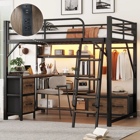 Full Size Metal Loft Bed with Desk, Wardrobe & Storage Shelves