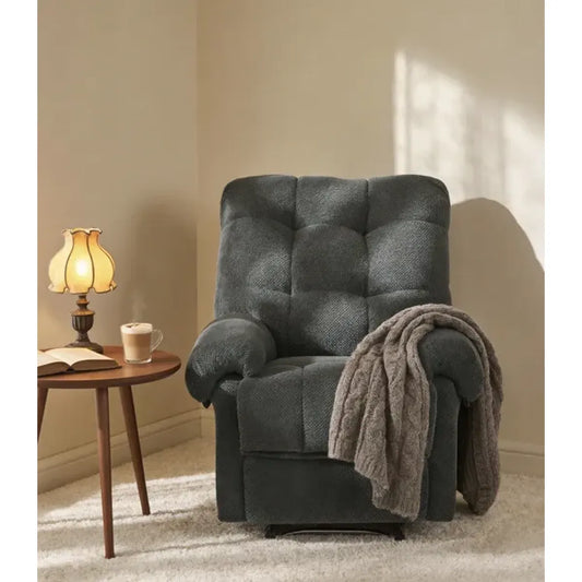 Dark Gray Overstuffed Recliner Chair – Manual Recliner with Padded Footrest, Home Theater Seating