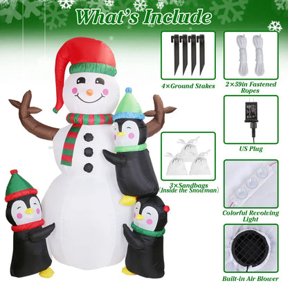 5.9FT Christmas Inflatable Snowman and Penguins with LED Lights