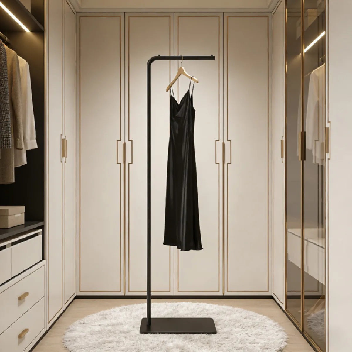 Freestanding Clothing Rack with Marble Base, Gold Metal
