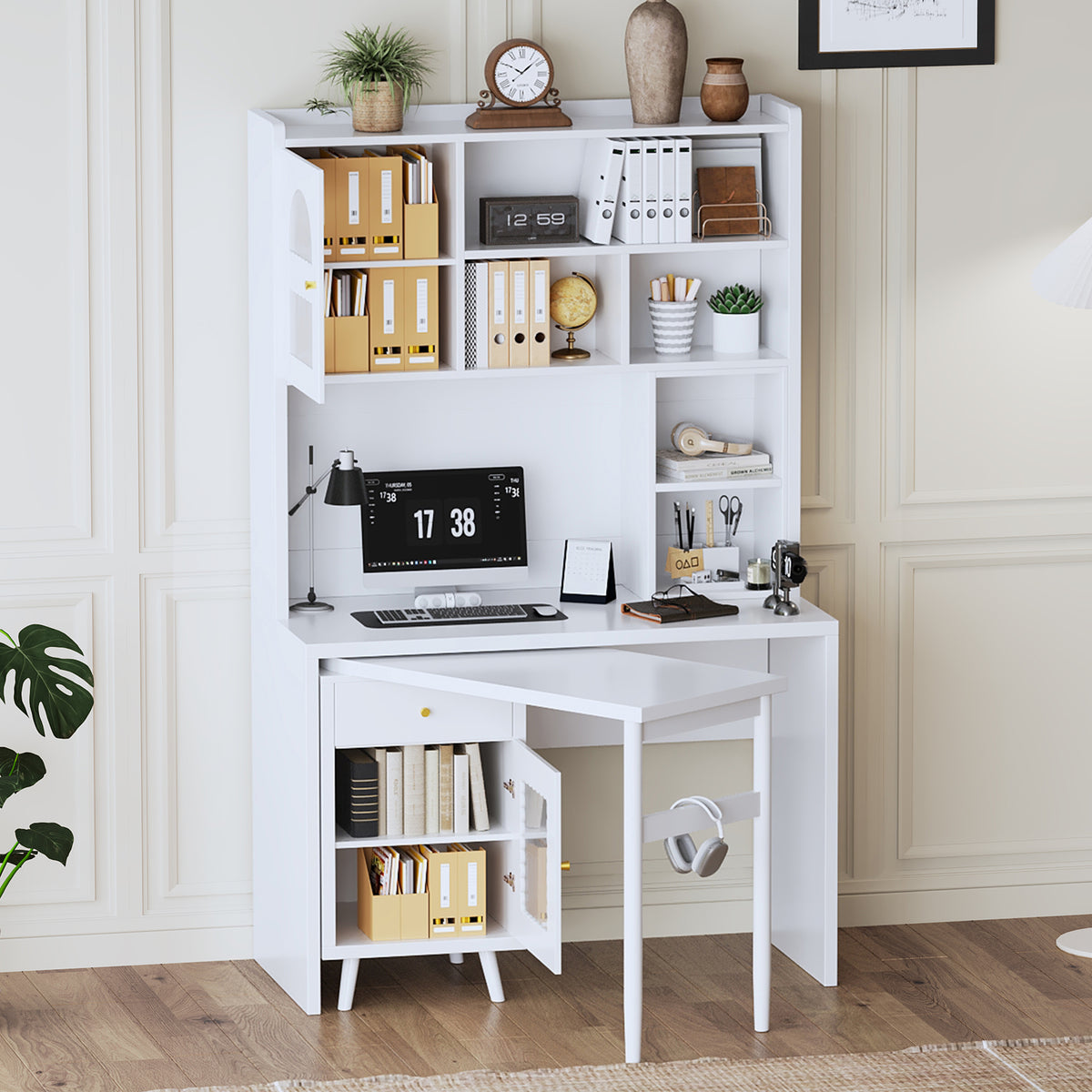 Rotating desktop computer desk with storage, white