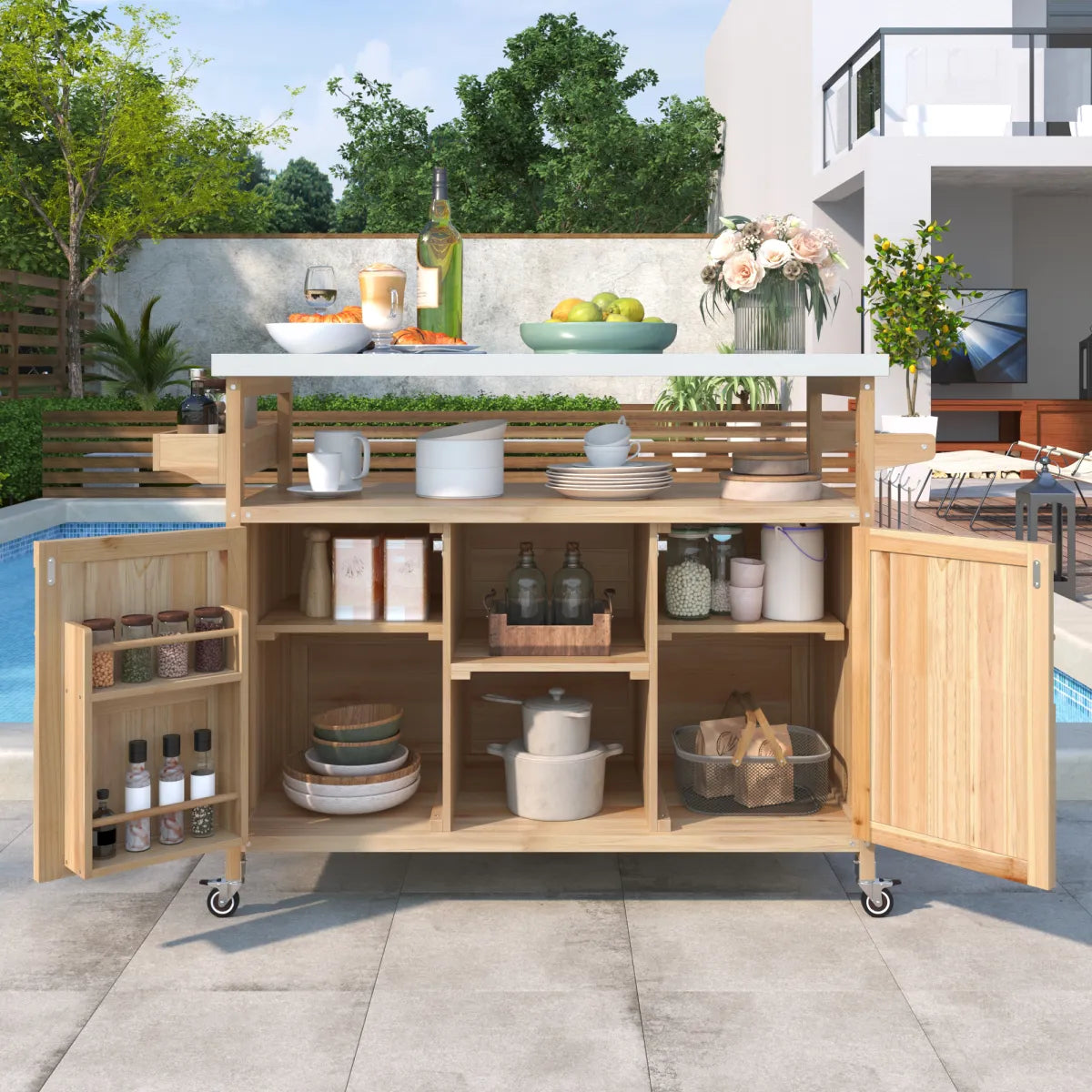 Outdoor Kitchen Island Bar Cart with Storage Cabinet, Natural