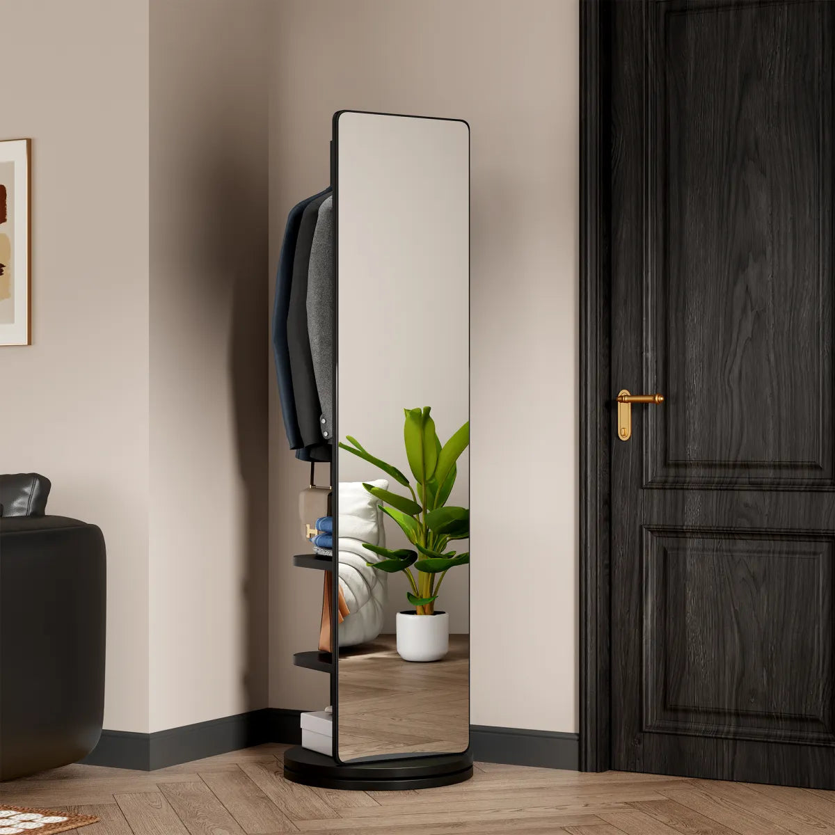 360° Rotating Full-Length Floor Mirror with Coat Rack & Hook Storage, Black